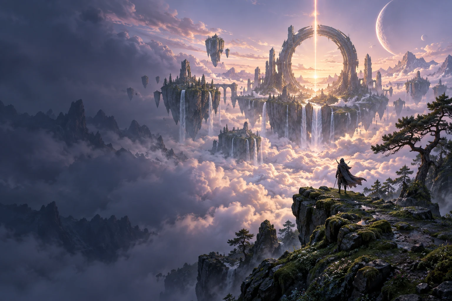 A cloaked explorer overlooks floating islands, waterfalls and a monumental ring above a sea of clouds.